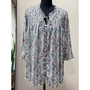 Rose & Olive Floral Tunic Blouse Balloon Sleeve Split Neck Multicolor Women
